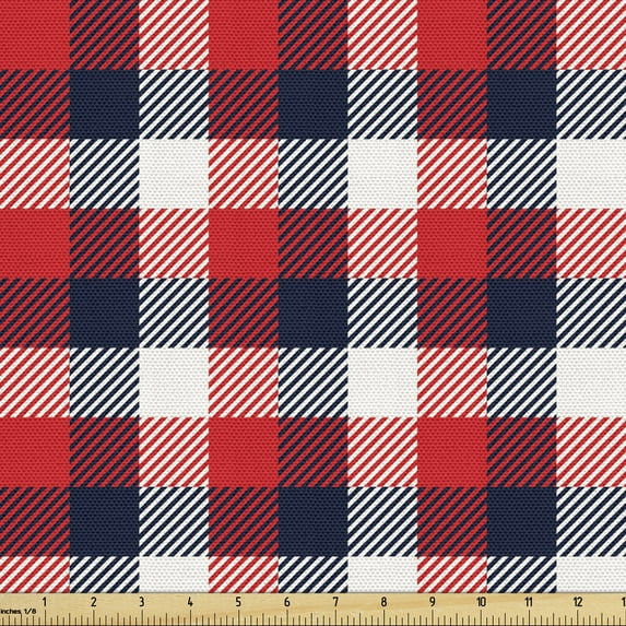 Ambesonne Plaid Fabric by the Yard Upholstery, Traditional Retro Pattern, 1 Yard, Vermilion Dark Blue