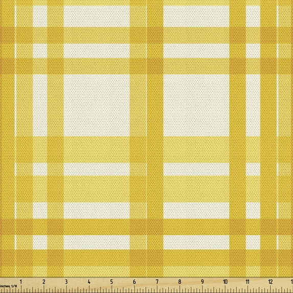Ambesonne Plaid Fabric by the Yard Upholstery, Yellow Retro Checkered Stripe, 2 Yards, Earth Yellow and Ivory