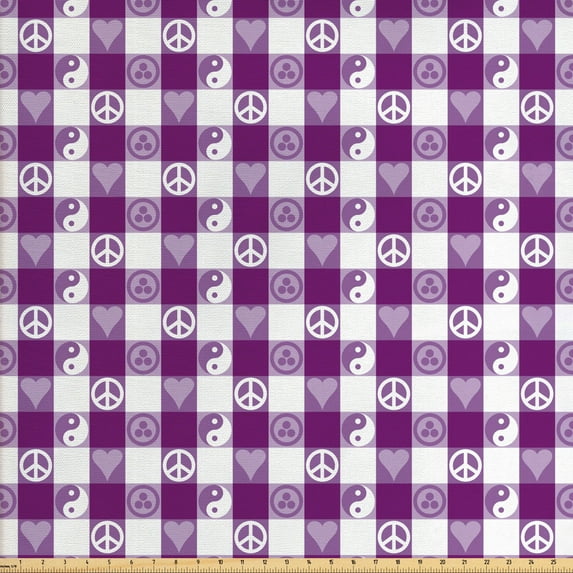 Ambesonne Plaid Fabric by the Yard Upholstery, Yin Yang Hearts Peace, 5 Yards, Magenta Lavender White