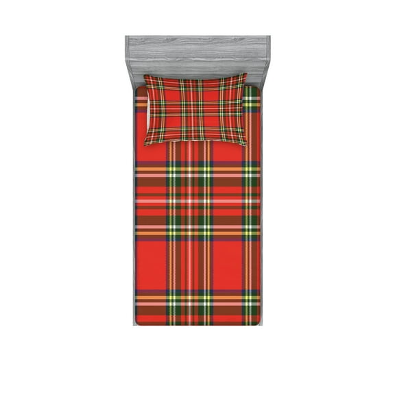 Ambesonne Plaid Fitted Sheet & Pillow Sham Set, Irish Cultural Classical, Twin, Multicolor