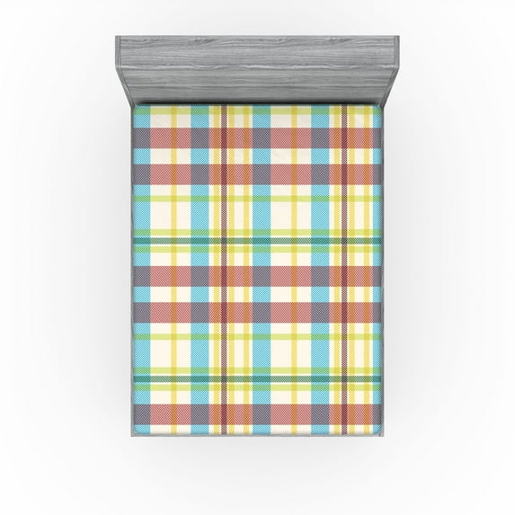 Ambesonne Plaid Fitted Sheet, Tartan Motif Stripes Vintage, Full Size, Pale Sky Blue Mustard