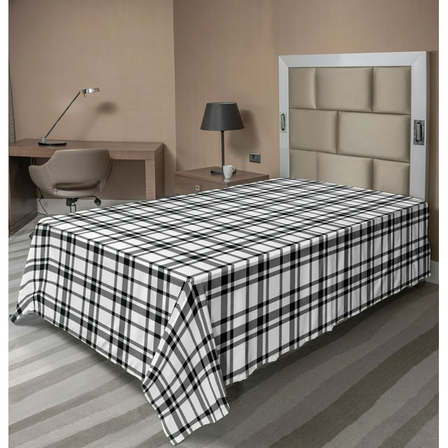 Ambesonne Plaid Flat Sheet, Black and White Grid, Twin Size, Black