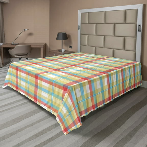 Ambesonne Plaid Flat Sheet, Colorful Shapes with Lines, California King, Multicolor