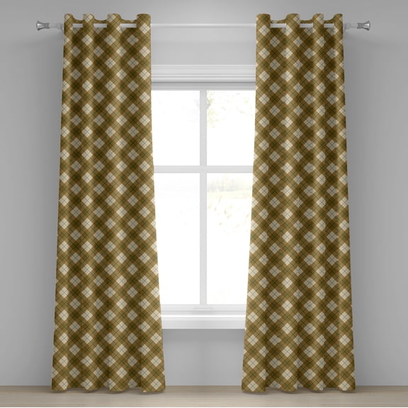 Ambesonne Plaid Grommet Curtain, Brown Diagonal Retro, 50" x 108", Pale Brown Green Beige