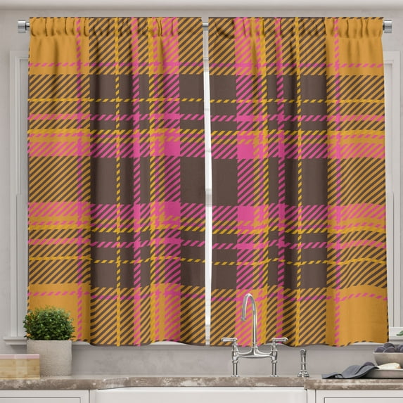 Ambesonne Plaid Kitchen Curtains, Boho Colored Scottish Artwork, 55"x30", Pink Dark Orange and Taupe