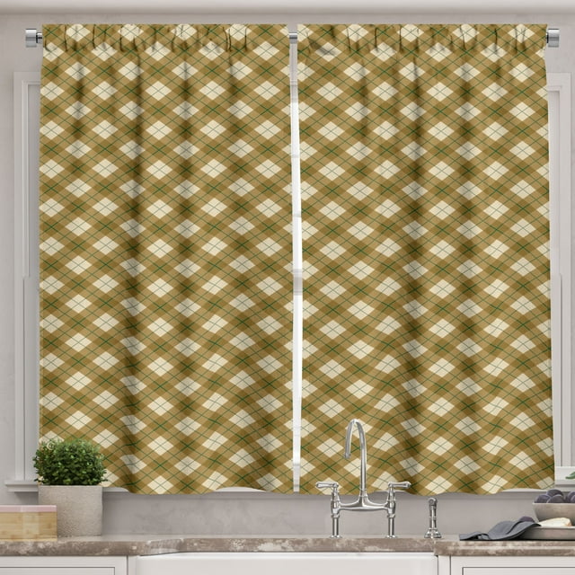 Ambesonne Plaid Kitchen Curtains, Brown Diagonal Retro, 55"x39", Pale