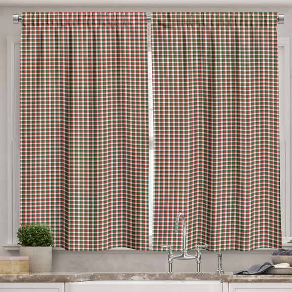 Ambesonne Plaid Kitchen Curtains, Christmas Pixel Squares Art, 55"x39", Dark Pink and Hunter Green