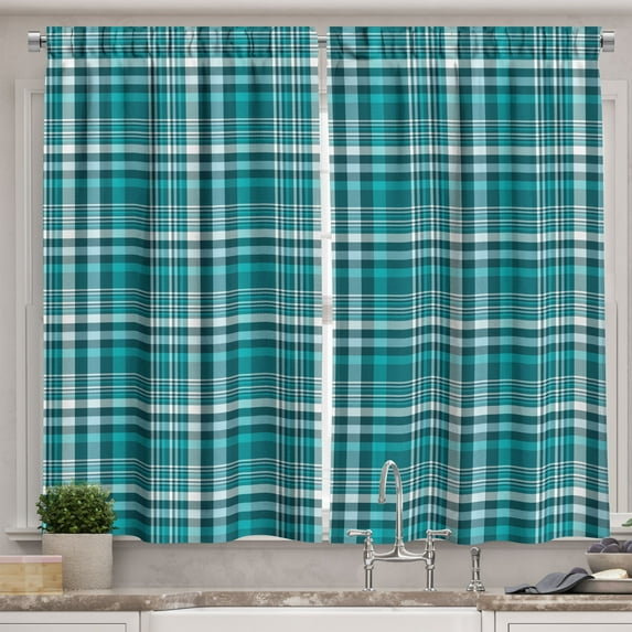 Ambesonne Plaid Kitchen Curtains, Classic Crossing Line Squares, 55"x39", Sea Blue Teal