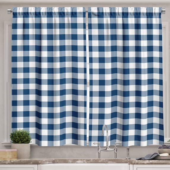 Ambesonne Plaid Kitchen Curtains, Lumberjack Buffalo Checks Art, 55"x45", Dark Blue and White