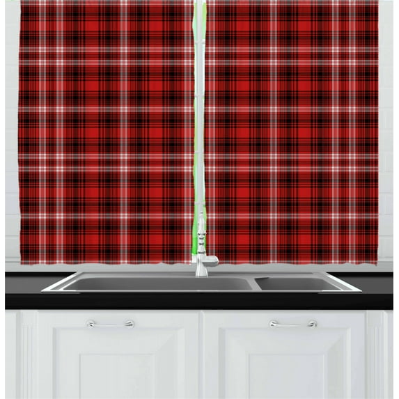 Ambesonne Plaid Kitchen Curtains, Nostalgic Striped British, 55"x39", Scarlet Black White