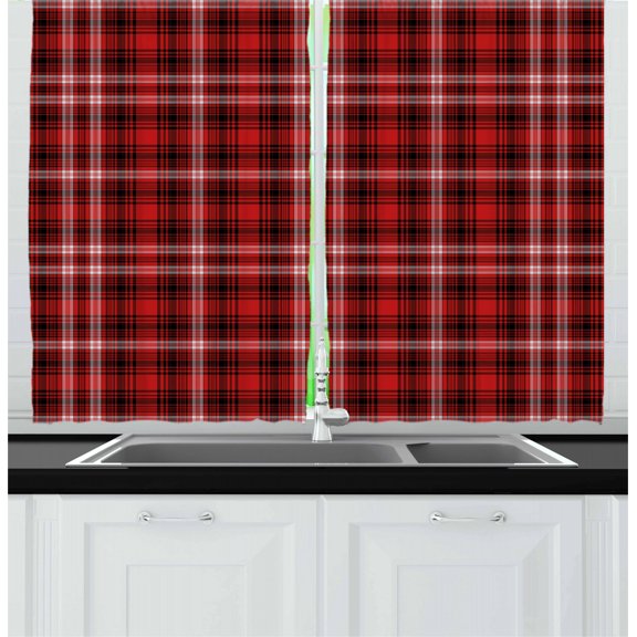 Ambesonne Plaid Kitchen Curtains, Nostalgic Striped British, 55"x39", Scarlet Black White