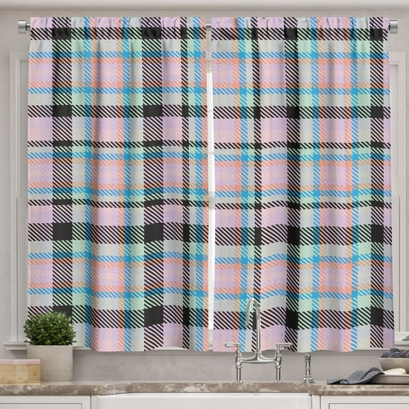 Ambesonne Plaid Kitchen Curtains, Retro Scottish Style Pattern, 55"x30", Soft Pink and Multicolor