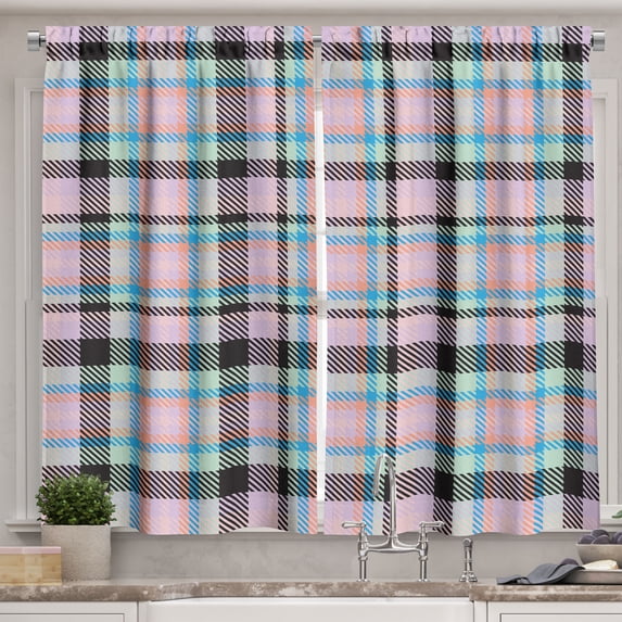 Ambesonne Plaid Kitchen Curtains, Retro Scottish Style Pattern, 55"x39", Soft Pink and Multicolor