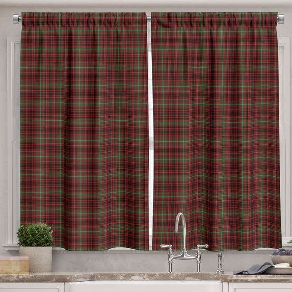 Ambesonne Plaid Kitchen Curtains, Scottish Style Illustration, 55"x39", Vermilion Green Black