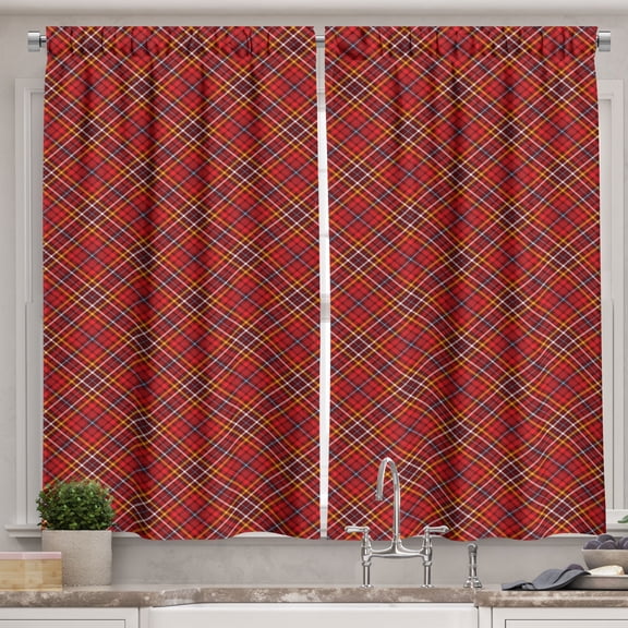 Ambesonne Plaid Kitchen Curtains, Traditional British Retro, 55"x30", Burgundy Deep Sky Blue