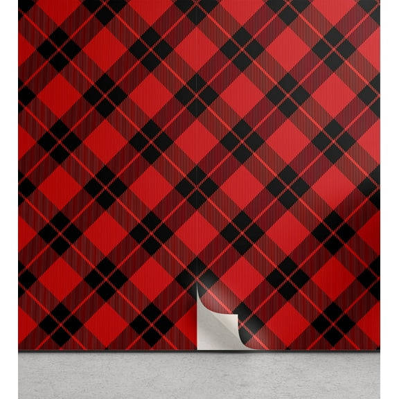 Ambesonne Plaid Peel & Stick Wallpaper for Home, Lumberjack Checkered Squares, 13"x36", Black Red