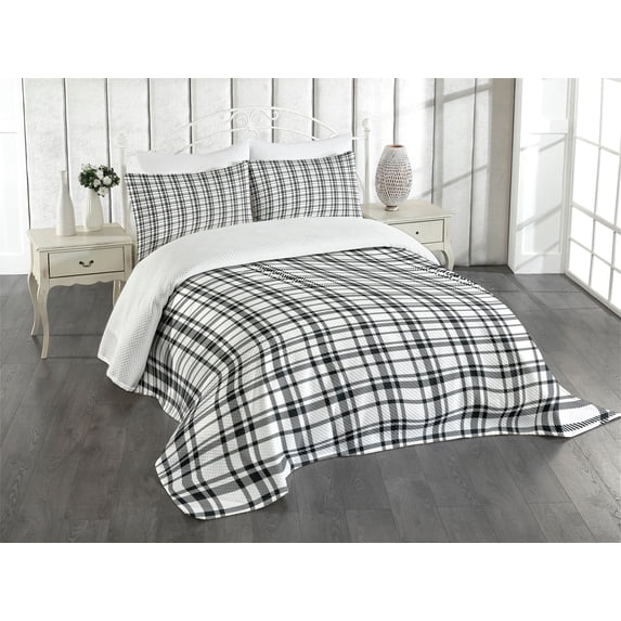 Ambesonne Plaid Quilted Bedspread Set 3 Pcs, Black and White Grid, Queen Size, Black White