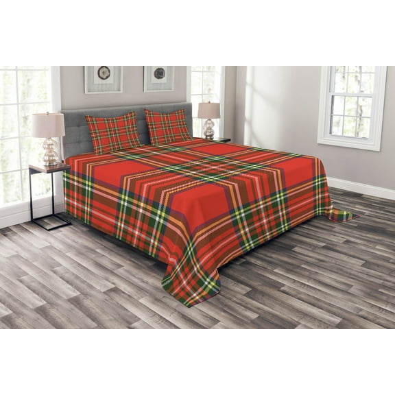 Ambesonne Plaid Quilted Bedspread Set 3 Pcs, Irish Cultural Classical, Queen Size, Multicolor