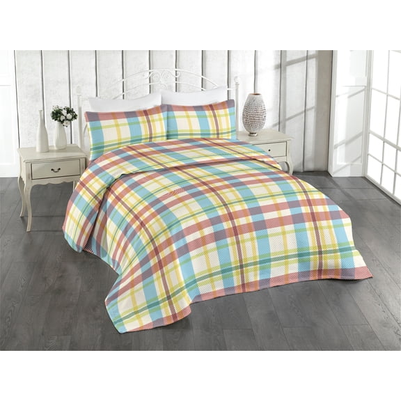 Ambesonne Plaid Quilted Bedspread Set 3 Pcs, Tartan Motif Stripes Vintage, Twin, Pale Sky Blue Mustard
