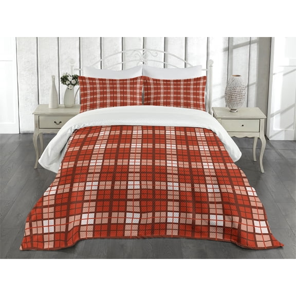 Ambesonne Plaid Quilted Bedspread Set 3 Pcs, Vintage Tartan Motif, Queen Size, Vermilion White