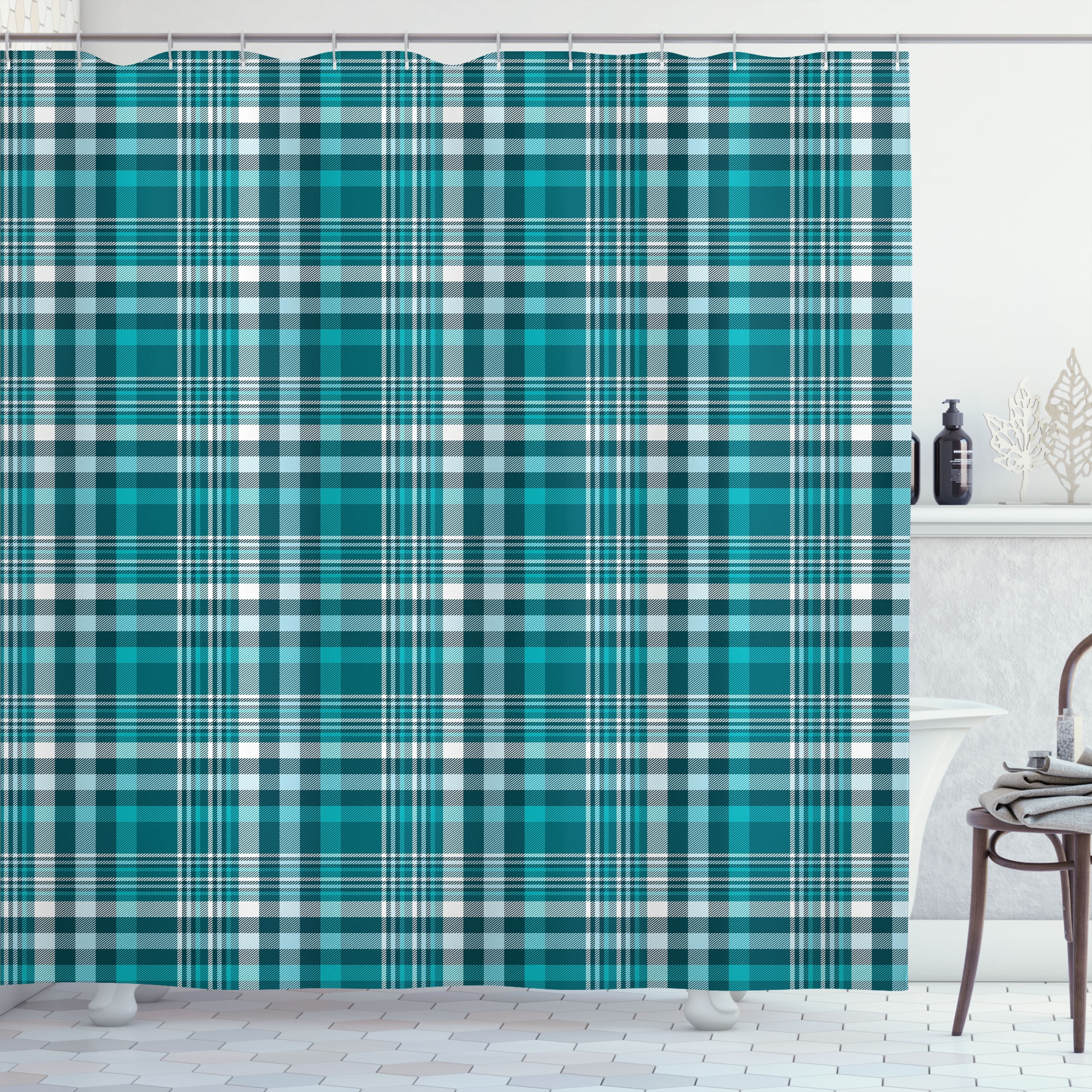 Sea Blue Teal Plaid Fabric Shower Curtain 69" x 70"