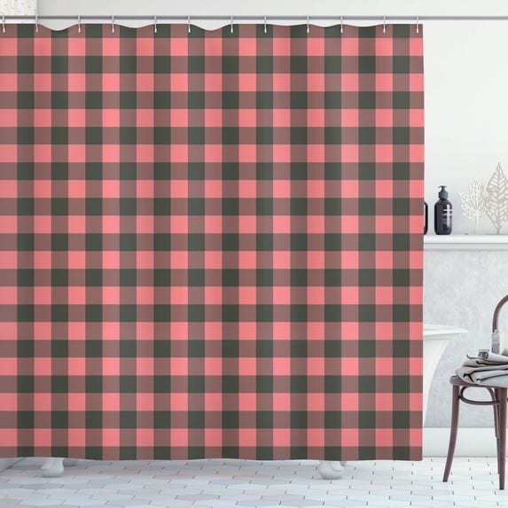 Ambesonne Plaid Shower Curtain, Lumberjack Buffalo Checks Art, 69"Wx70"L, Charcoal Grey and Pastel Pink