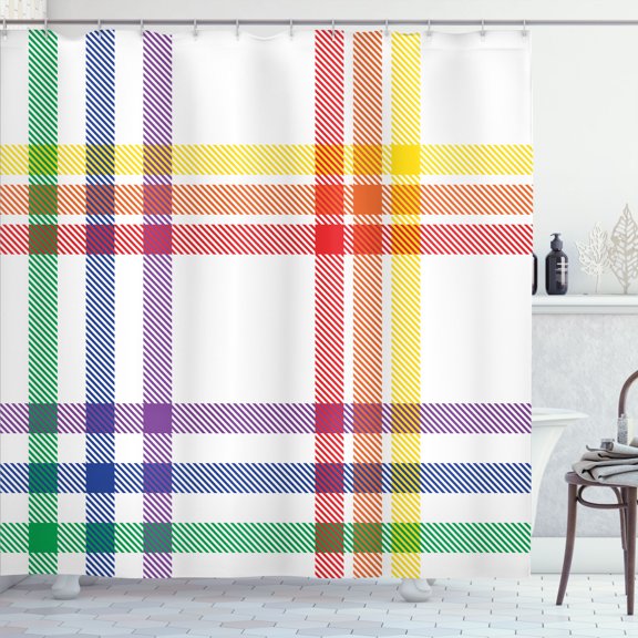 Ambesonne Plaid Shower Curtain, Rainbow Colors Checkered Art, 69"Wx75"L, White and Multicolor