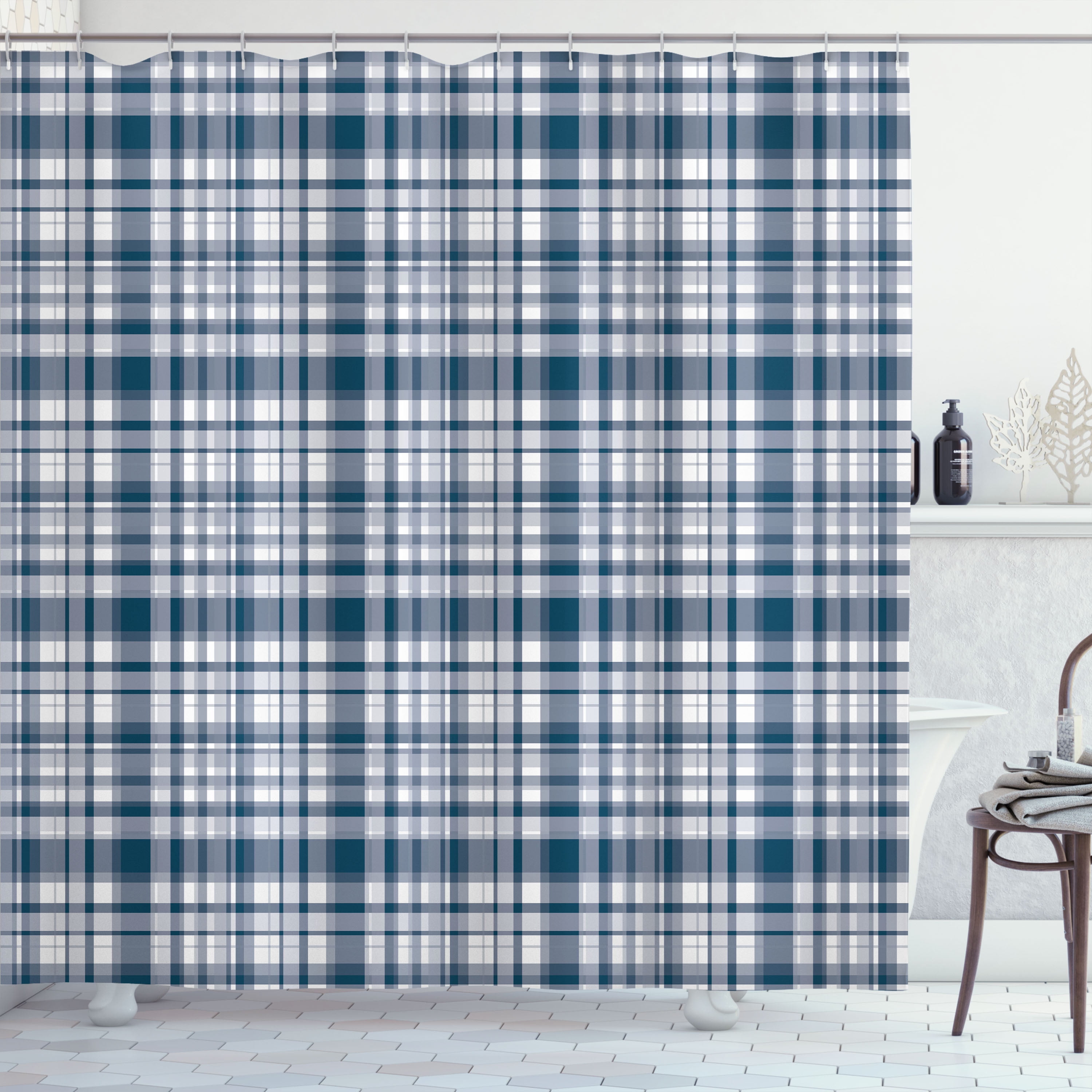 Sea Blue Teal Plaid Fabric Shower Curtain 69" x 70"