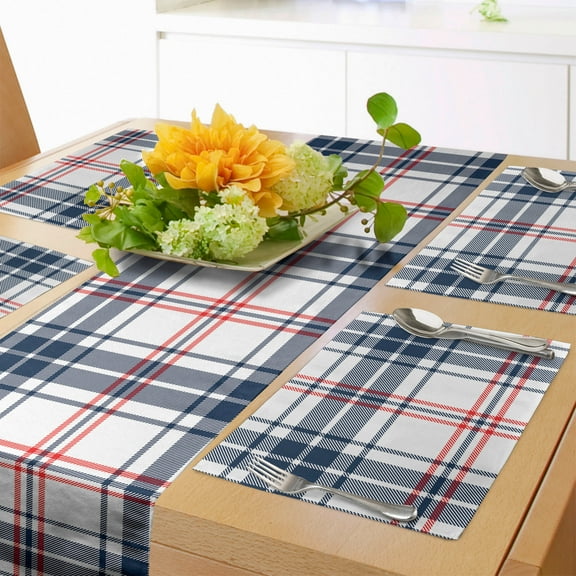Ambesonne Plaid Table Runner & Placemats, British Country Pattern, Placemat 4 pcs + Runner 12"x72", Vermilion Navy Blue