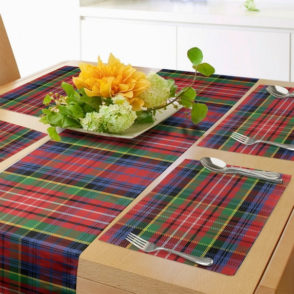 Ambesonne Plaid Table Runner & Placemats, Caledonia Scottish Style, Placemat 4 pcs + Runner 16"x90", Burnt Sienna Green
