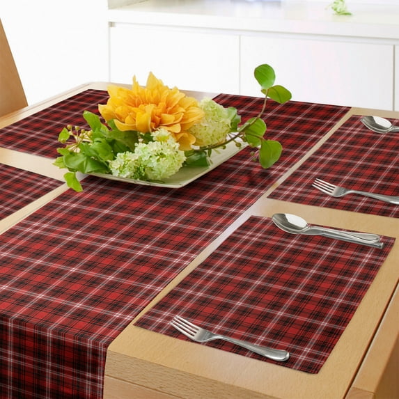 Ambesonne Plaid Table Runner & Placemats, Nostalgic Striped British, Placemat 4 pcs + Runner 16"x90", Scarlet Black White