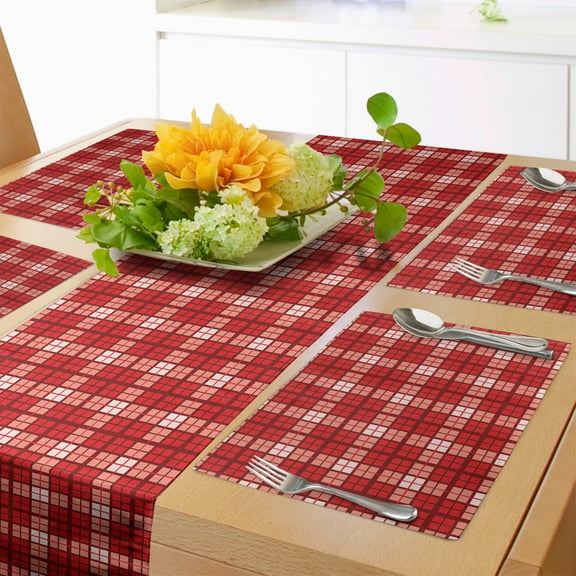 Ambesonne Plaid Table Runner & Placemats, Vintage Tartan Motif, Placemat 4 pcs + Runner 12"x90", Vermilion White