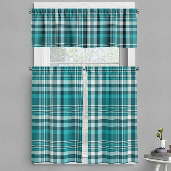 Ambesonne Plaid Valance & Curtain, Classic Crossing Line Squares, 55"x24", Sea Blue Teal