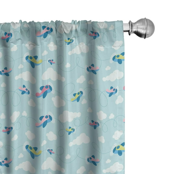 Ambesonne Plane Curtains, Cartoon Sky Planes Clouds, Pair of 28"x95", Pale Blue White Pink