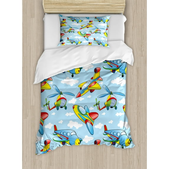 Ambesonne Plane Duvet Cover Sets, Planes and Helicopters, 2-Twin, Yellow and Blue
