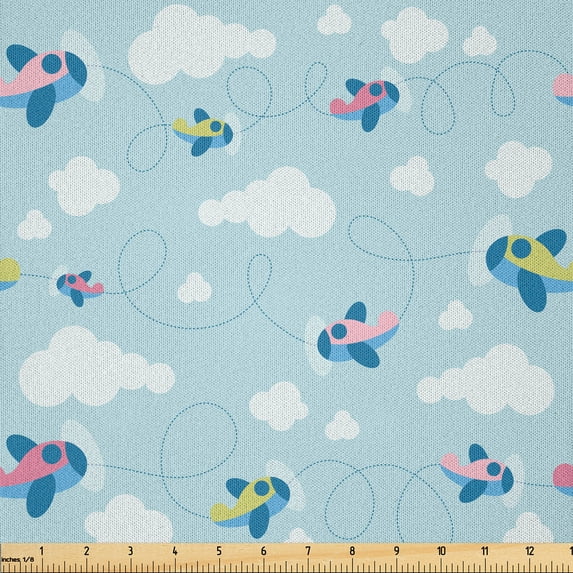 Ambesonne Plane Fabric by the Yard Microfiber, Cartoon Sky Planes Clouds, 3 Yards, Pale Blue White Pink