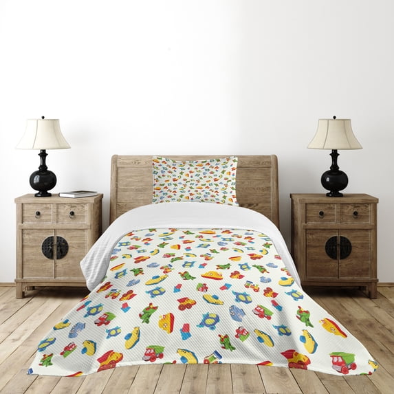 Ambesonne Plane Quilted Bedspread Set 2 Pcs, Airplane Boat Ship Cars, Twin Size, Multicolor