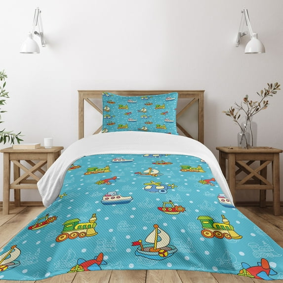 Ambesonne Plane Quilted Bedspread Set 2 Pcs, Cartoon Style, Twin Size, Multicolor