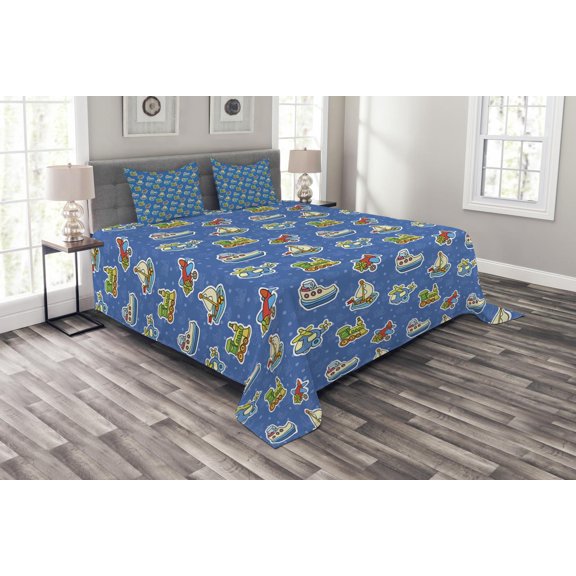 Ambesonne Plane Quilted Bedspread Set 3 Pcs, Cartoon Heli Train Ship Funny, King Size, Violet Blue and Yellow
