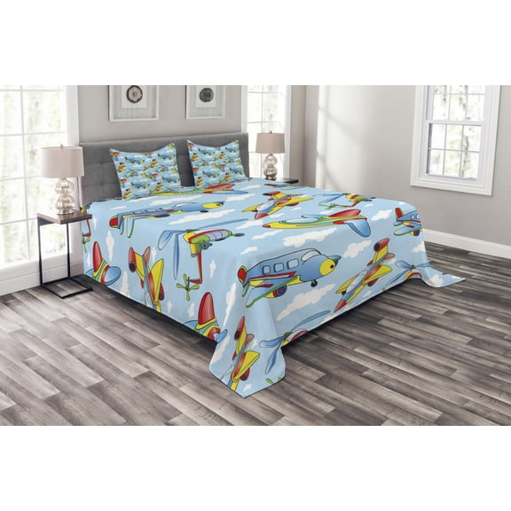 Ambesonne Plane Quilted Bedspread Set 3 Pcs, Planes and Helicopters, King Size, Yellow and Blue