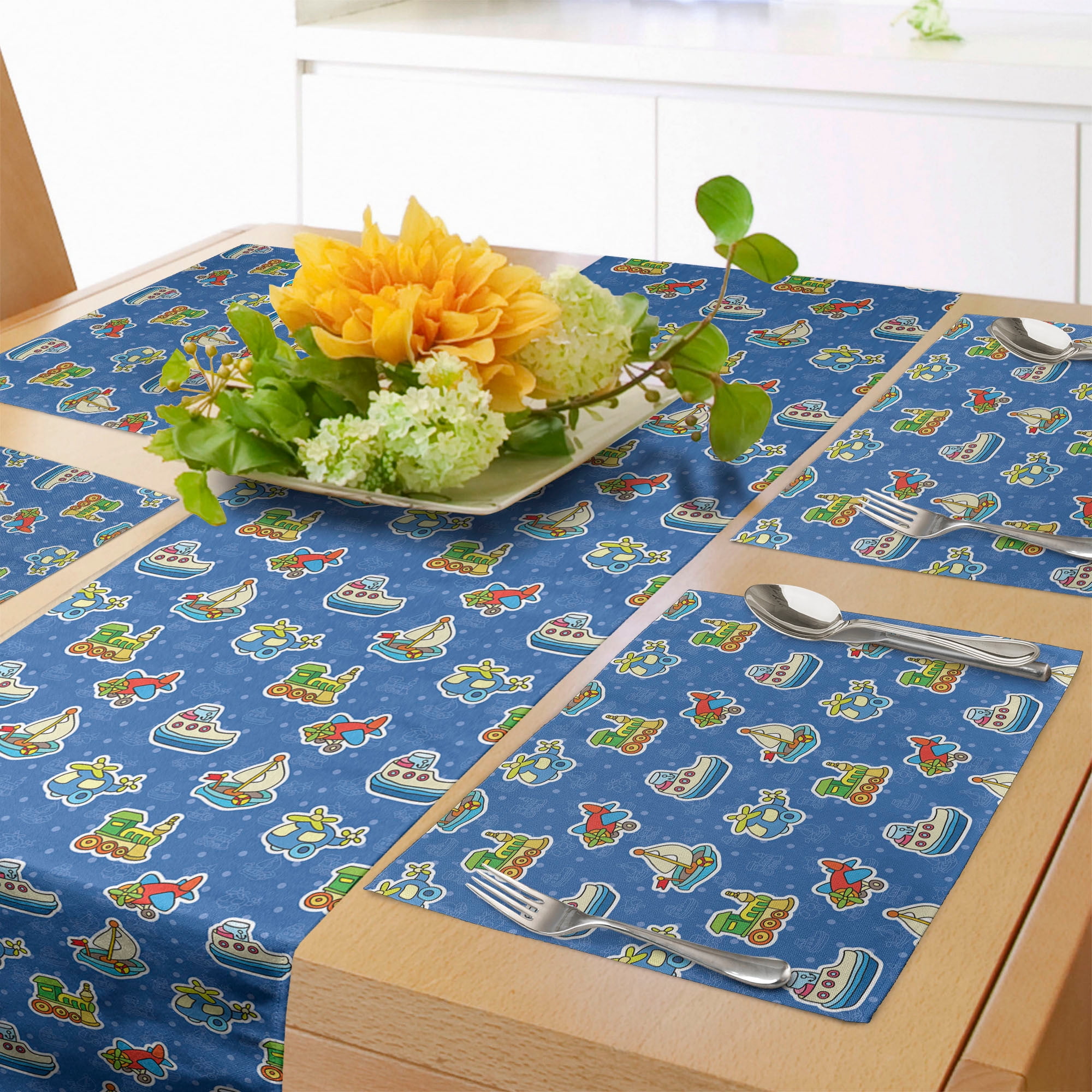 Ambesonne Plane Table Runner & Placemats, Cartoon Heli Train Ship Funny, Placemat 4 pcs + Runner