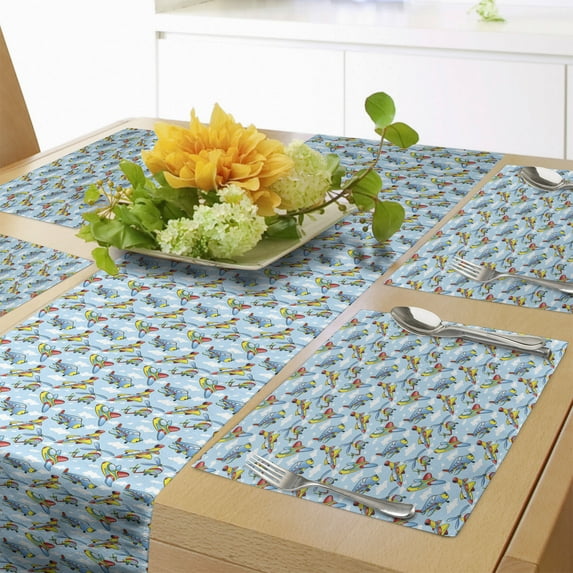 Ambesonne Plane Table Runner & Placemats, Planes and Helicopters, Placemat 4 pcs + Runner 14"x72", Yellow and Blue