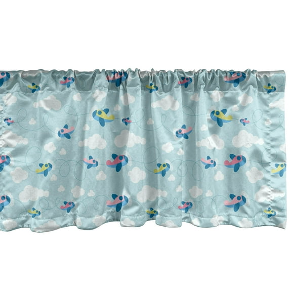 Ambesonne Plane Window Valance, Cartoon Sky Planes Clouds, 42" x 18", Pale Blue White Pink
