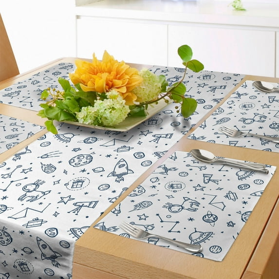 Ambesonne Planet Table Runner & Placemats, Spaceship Deer in the Void, Placemat 4 pcs + Runner 16"x90", White and Dark Teal