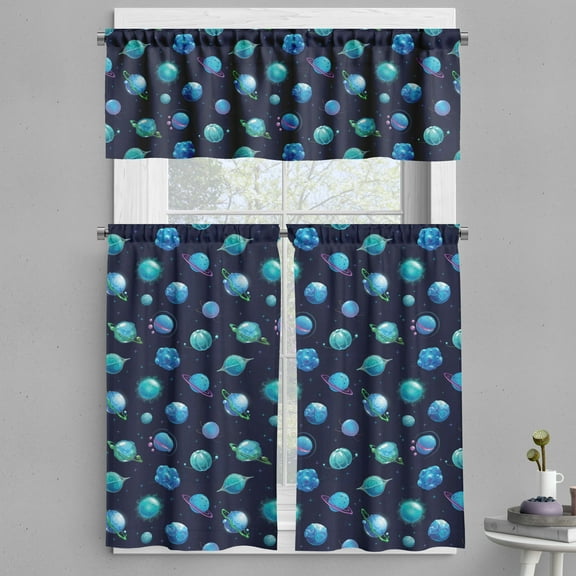 Ambesonne Planet Valance & Curtain, Fantasia of Galaxy Artwork, 55"x36", Navy Blue and Sea Blue