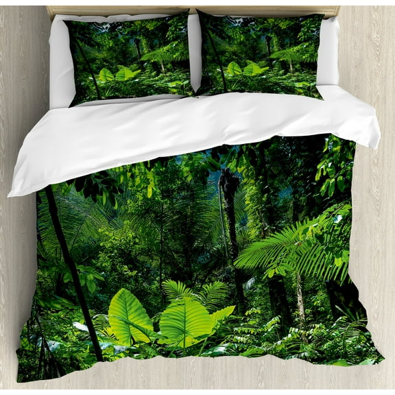 Ambesonne Plant Duvet Cover Set, Green Untouched Nature, 2-Calking, Forest Green