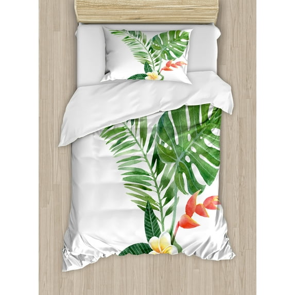 Ambesonne Plant Duvet Cover Sets, Blooming Tropical Fern, 2-Twin, Fern Green Marigold