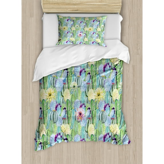 Ambesonne Plant Duvet Cover Sets, Cactus Buds Types Pattern, 2-Twin, Green and Blue