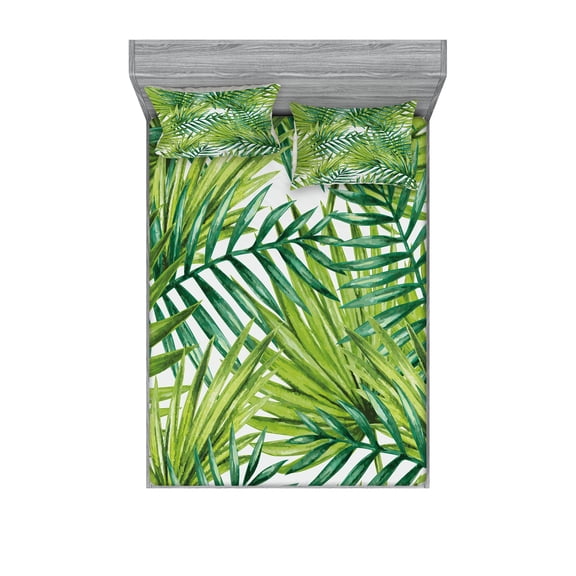 Ambesonne Plant Fitted Sheet & Pillow Sham Set, Colorful Illustration Natural, Queen, Fern Green Lime Green