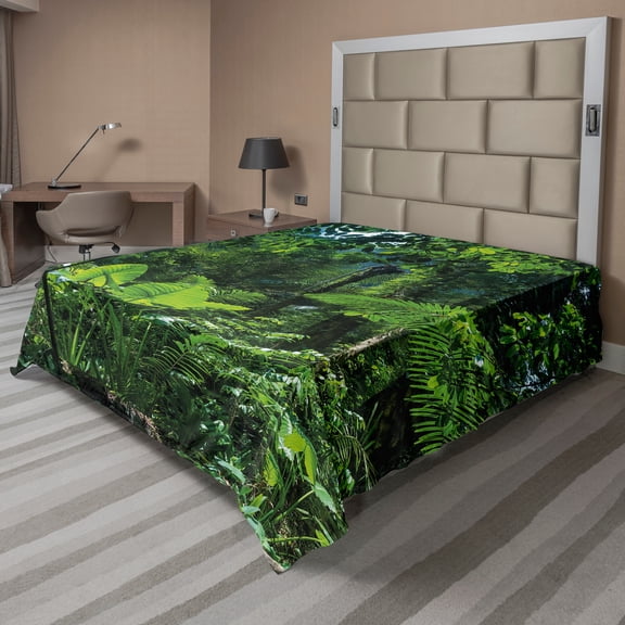 Ambesonne Plant Flat Sheet, Green Untouched Nature, Queen Size, Forest Green